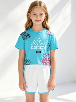 Kappa Completo corto da ragazza in cotone con t-shirt cropped e shorts - turchese