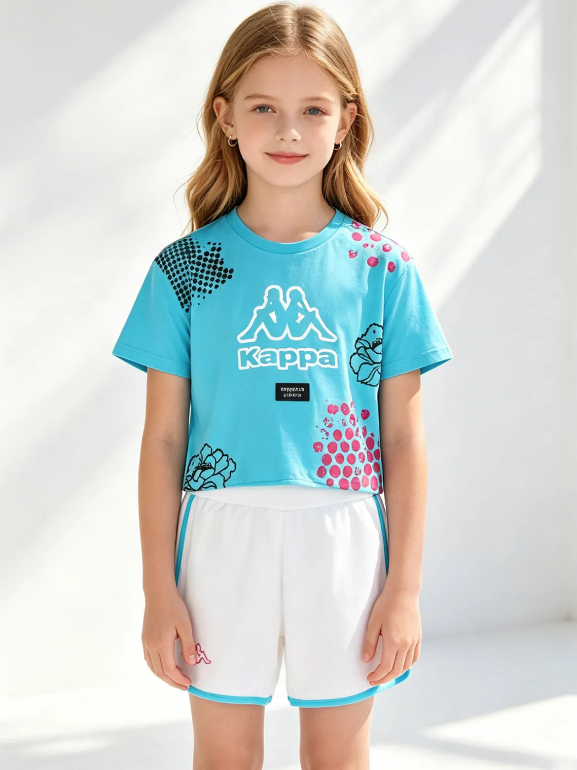 Kappa Completo corto da ragazza in cotone con t-shirt cropped e shorts - turchese
