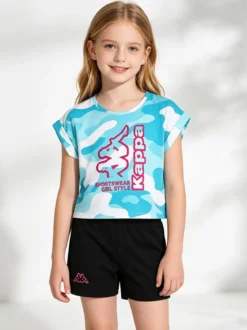 Kappa Completo corto da ragazza in cotone con t-shirt mimetica e shorts - turchese