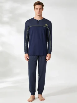 Kappa Pigiama lungo da uomo in cotone interlock - blu scuro
