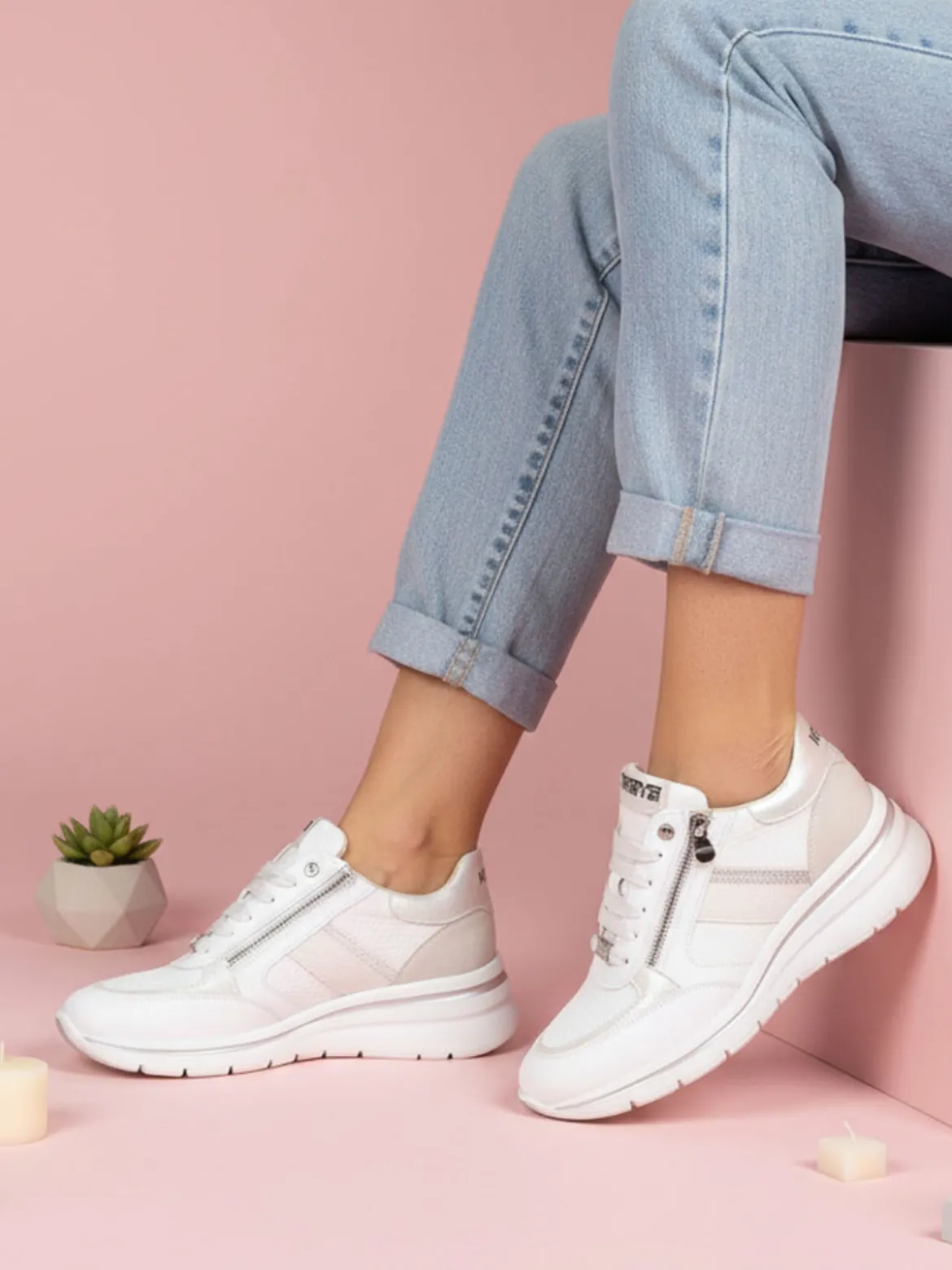 Keys Sneakers donna con zeppa e doppia zip - bianco