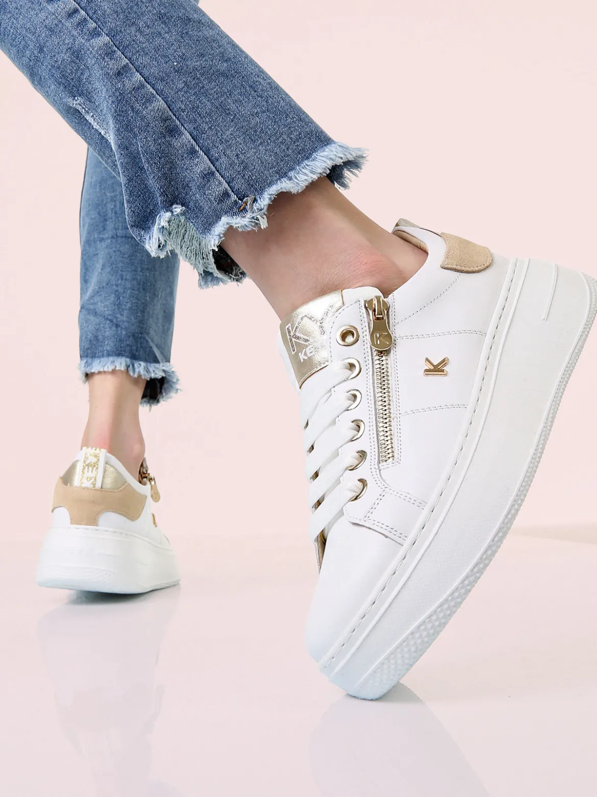Keys Sneakers donna in pelle con platform e zip - bianco