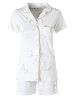 Kissimo Pigiama aperto da donna in cotone a maniche corte con shorts - panna