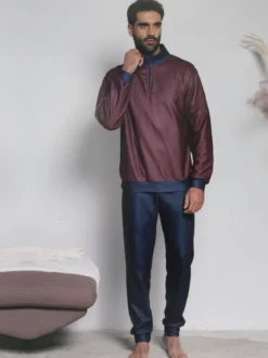 Kissimo Pigiama da uomo in pile mezza zip - bordeaux