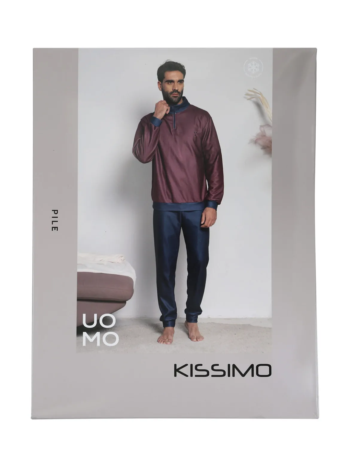 Kissimo Pigiama da uomo in pile mezza zip - bordeaux