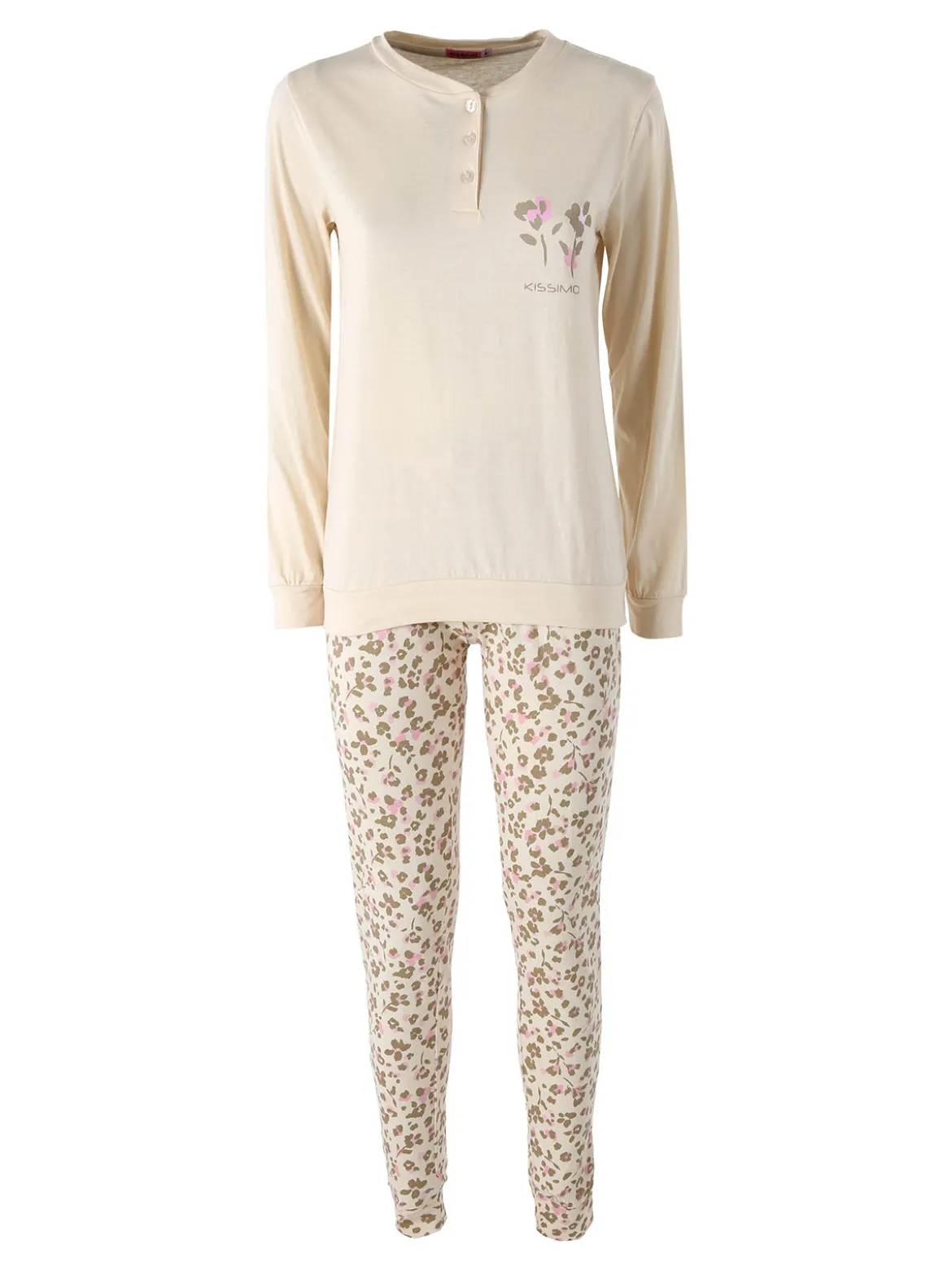 Kissimo Pigiama lungo da donna in cotone con pantaloni maculati - beige