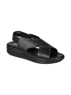 La Cuoieria Sandali in pelle da donna con cinturino elastico e zeppa - nero