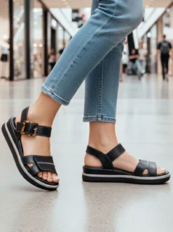 La Cuoieria Sandali in pelle da donna con zeppa e cinturino con fibbia - nero
