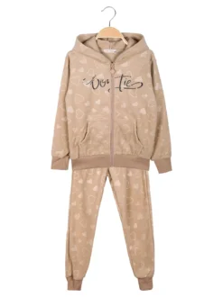 Lady Moda Completo tuta da ragazza 2 pezzi in ciniglia con cappuccio e zip - beige