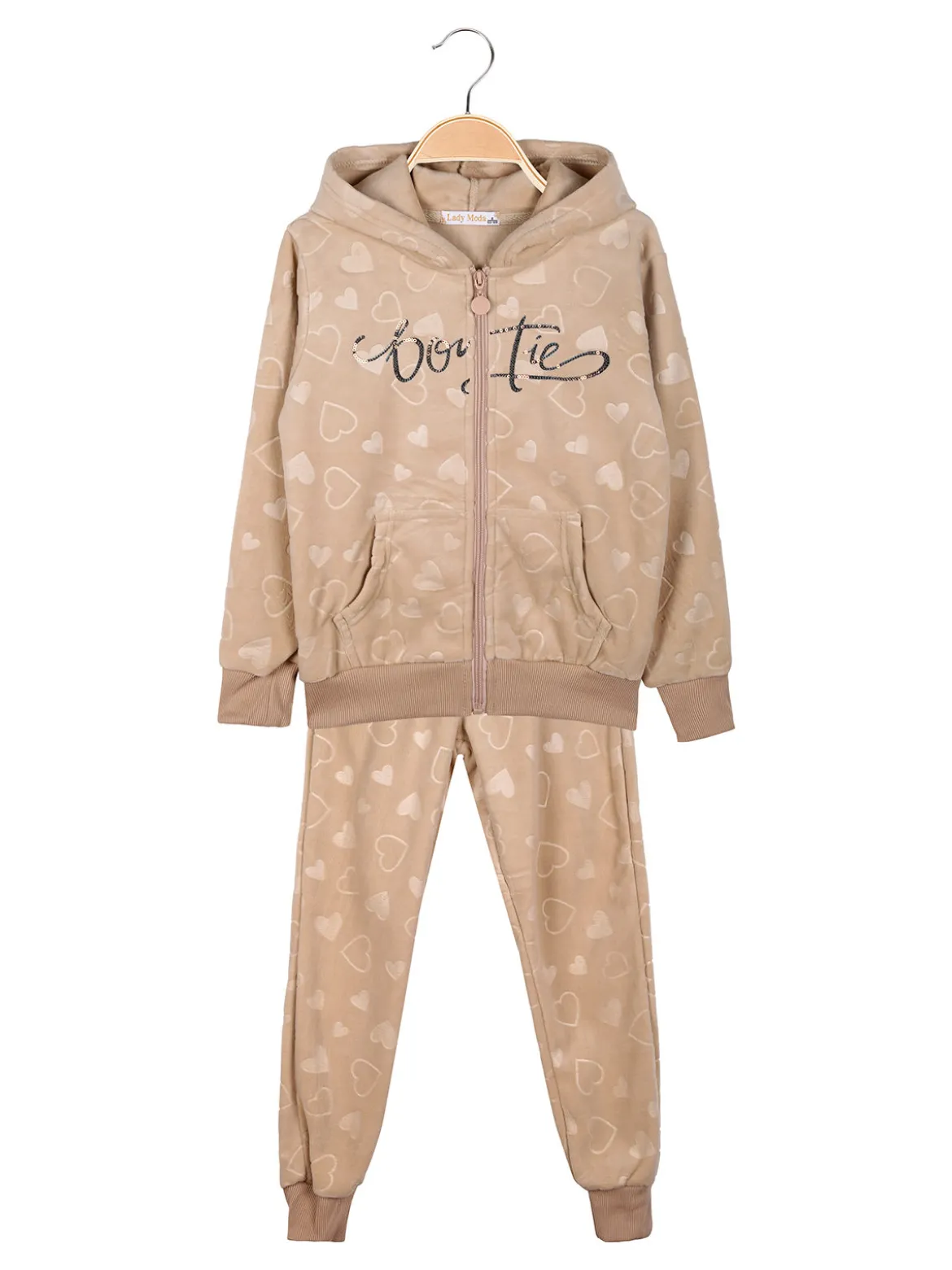 Lady Moda Completo tuta da ragazza 2 pezzi in ciniglia con cappuccio e zip - beige