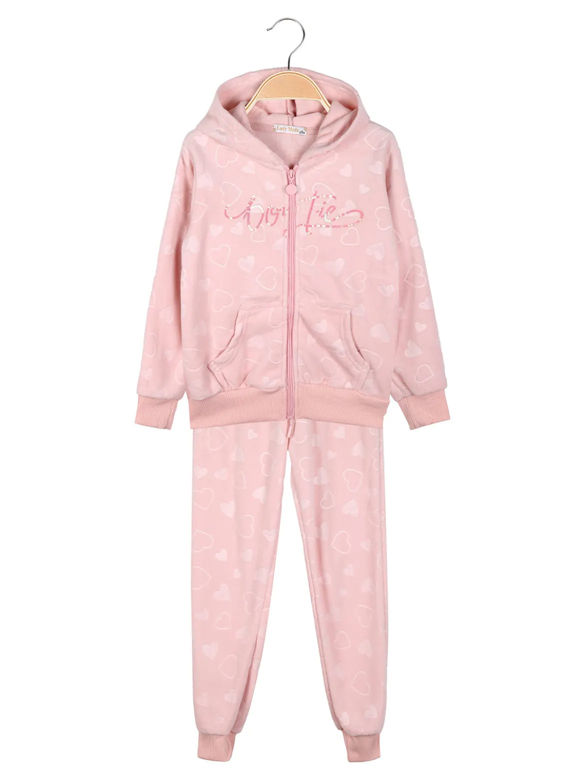 Lady Moda Completo tuta da ragazza 2 pezzi in ciniglia con cappuccio e zip - rosa
