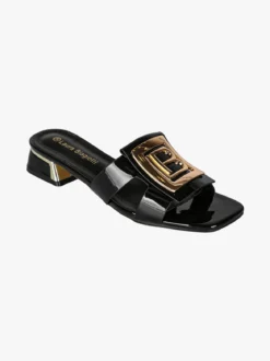 Laura Biagiotti Ciabatte donna in vernice con tacco basso e fascia decorativa con logo - nero