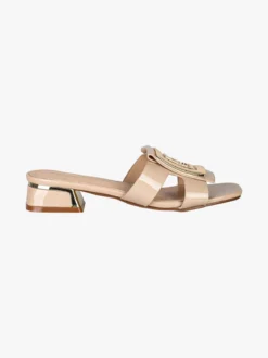 Laura Biagiotti ciabatte donna in vernice con tacco basso e fascia decorativa con logo - beige
