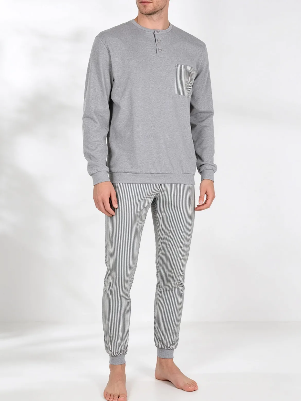 Linea Ambro Pigiama da uomo in cotone interlock con taschino e pantaloni a righe