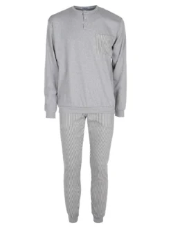 Linea Ambro Pigiama da uomo in cotone interlock con taschino e pantaloni a righe
