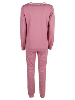 Linea Ambro Pigiama lungo da donna in misto cotone interlock con ricamo - rosa