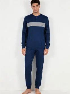 Linea Ambro Pigiama lungo da uomo in misto cotone interlock - blu