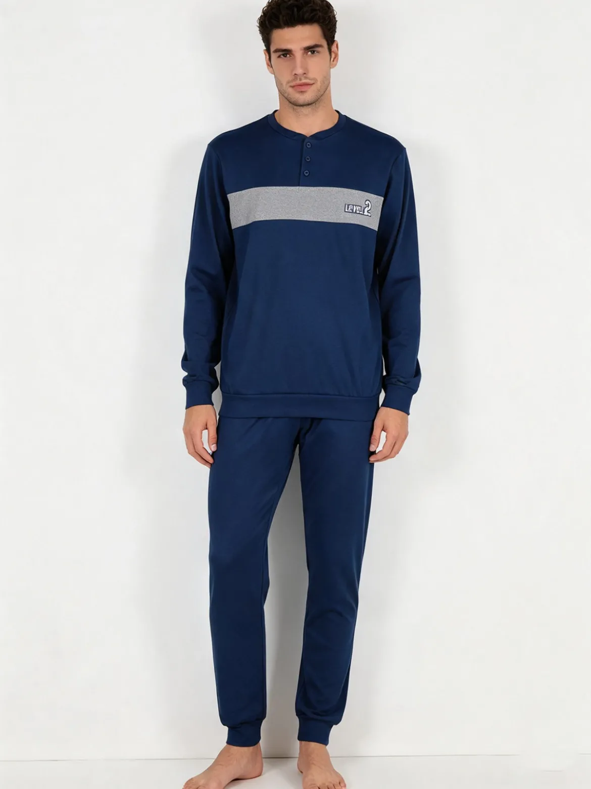 Linea Ambro Pigiama lungo da uomo in misto cotone interlock - blu