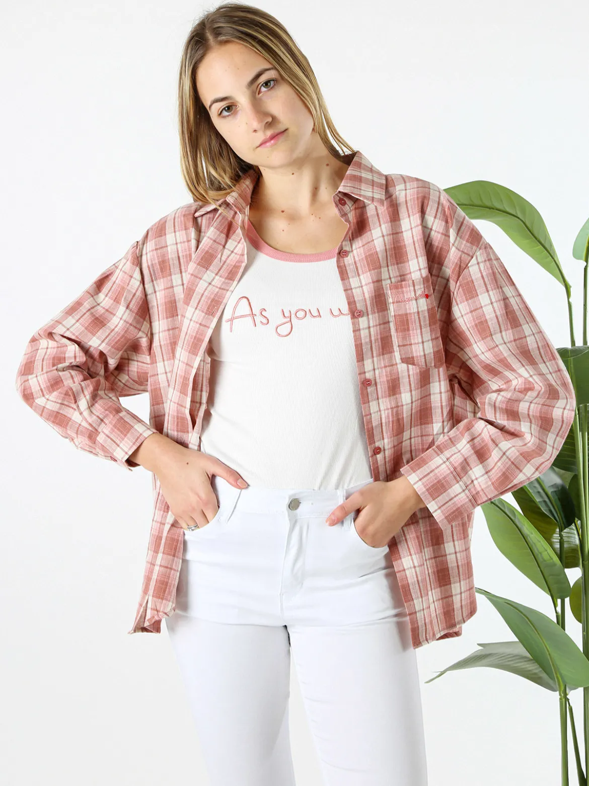 Lissimo Set 2 pezzi camicia oversize a quadri da donna con top coordinato - rosa