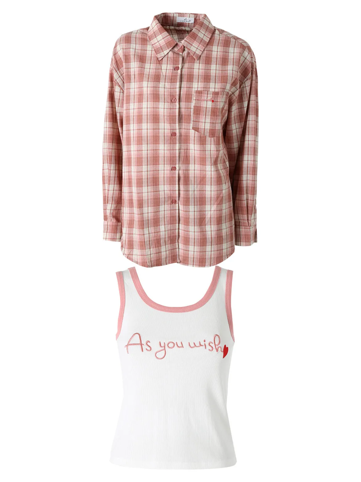 Lissimo Set 2 pezzi camicia oversize a quadri da donna con top coordinato - rosa