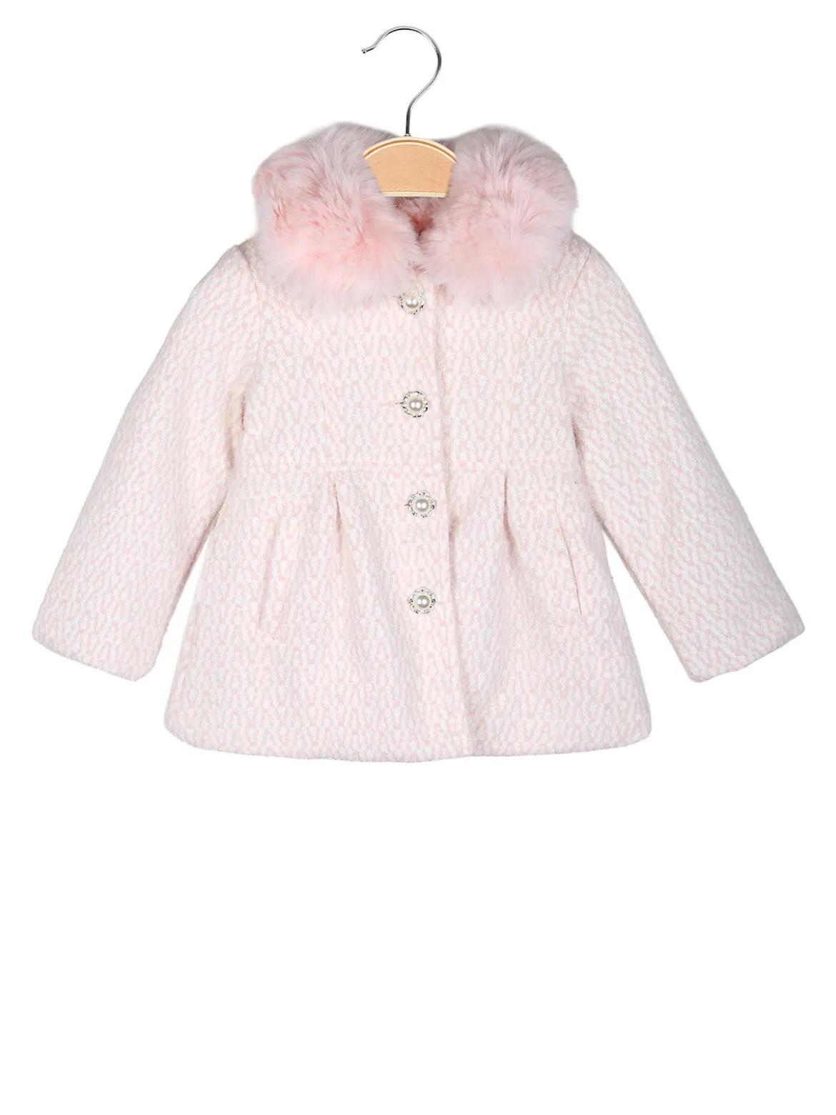 Lollitop Cappotto da neonata con bottoni di perle e scollo in ecopelliccia - rosa
