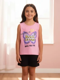 Lollitop Completo corto da bambina con canotta e shorts in cotone - rosa