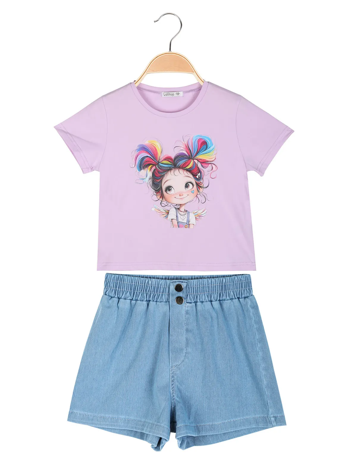 Lollitop Completo corto da bambina con t-shirt crop e shorts maculati