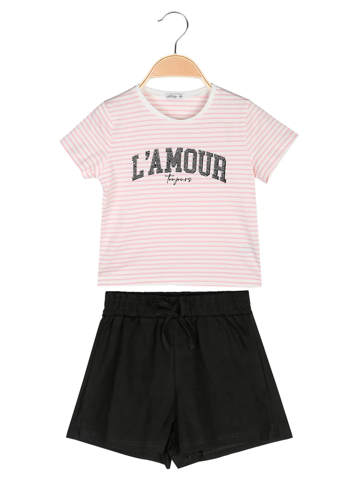 Lollitop Completo corto da bambina con t-shirt rigata con strass e shorts
