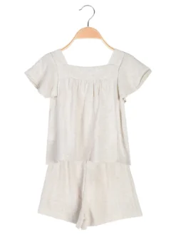 Lollitop Completo corto da bambina in misto cotone e lino con t-shirt e shorts ricamati - beige