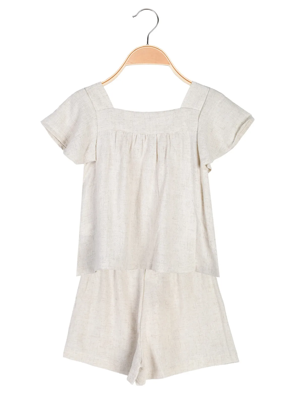 Lollitop Completo corto da bambina in misto cotone e lino con t-shirt e shorts ricamati - beige