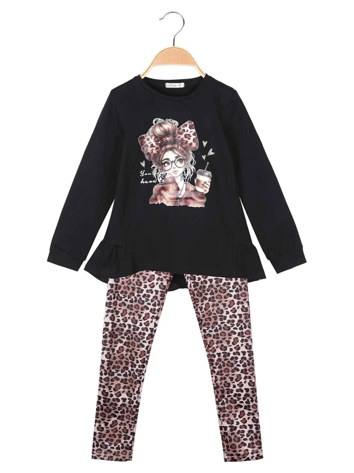 Lollitop Completo 2 pezzi da bambina con maglietta e leggings maculati - nero