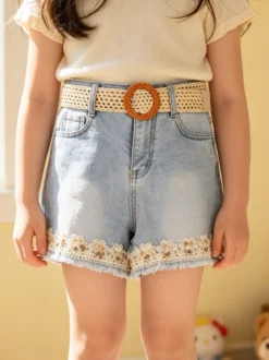 Lollitop Shorts da ragazza in jeans sfrangiati con ricami e strass - jeans