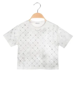 Lollitop T-shirt cropped da bambina in cotone con strass - bianco