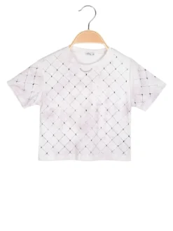Lollitop T-shirt cropped da bambina in cotone con strass - rosa
