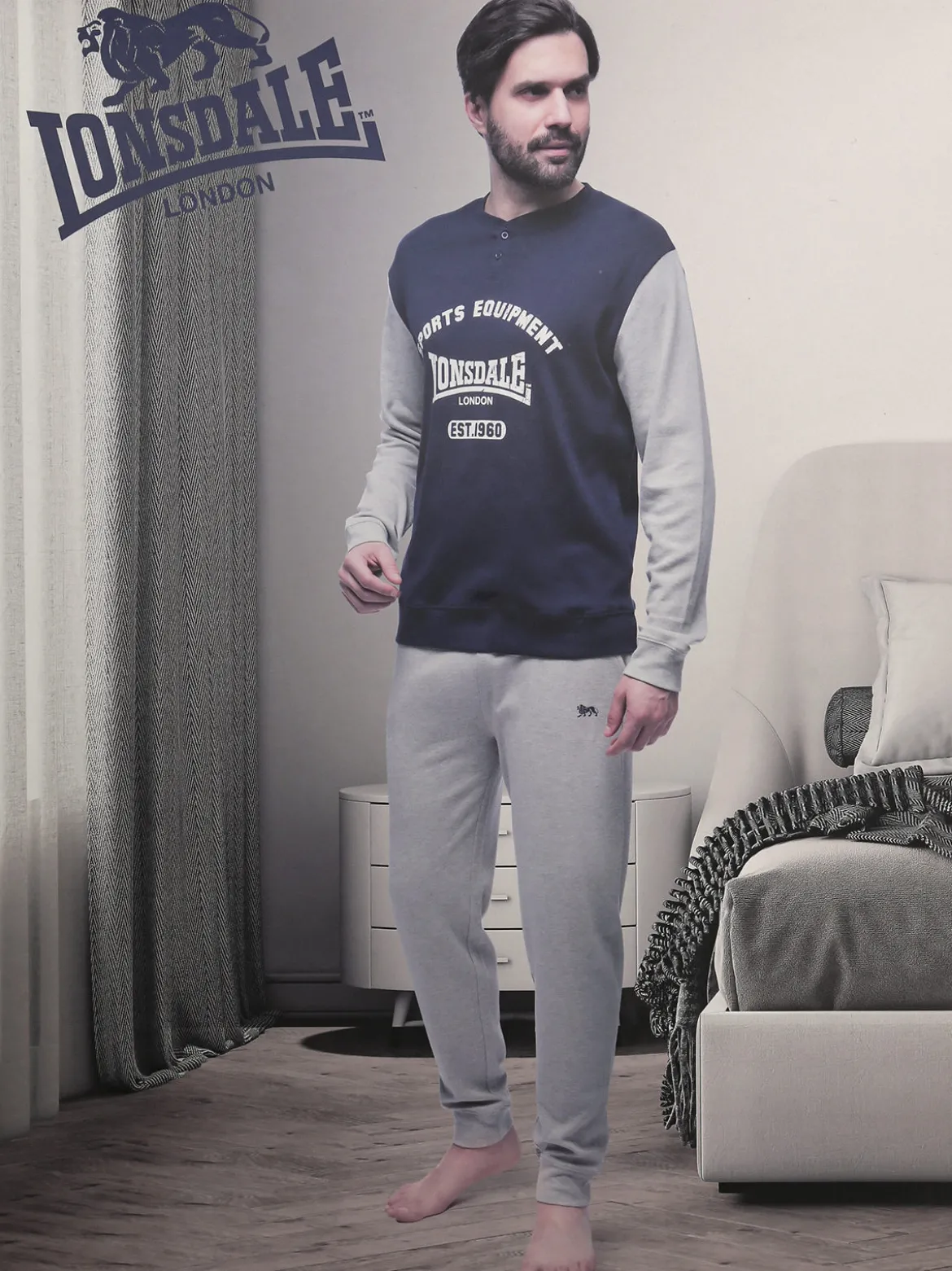 Lonsdale Pigiama lungo da uomo in cotone interlock