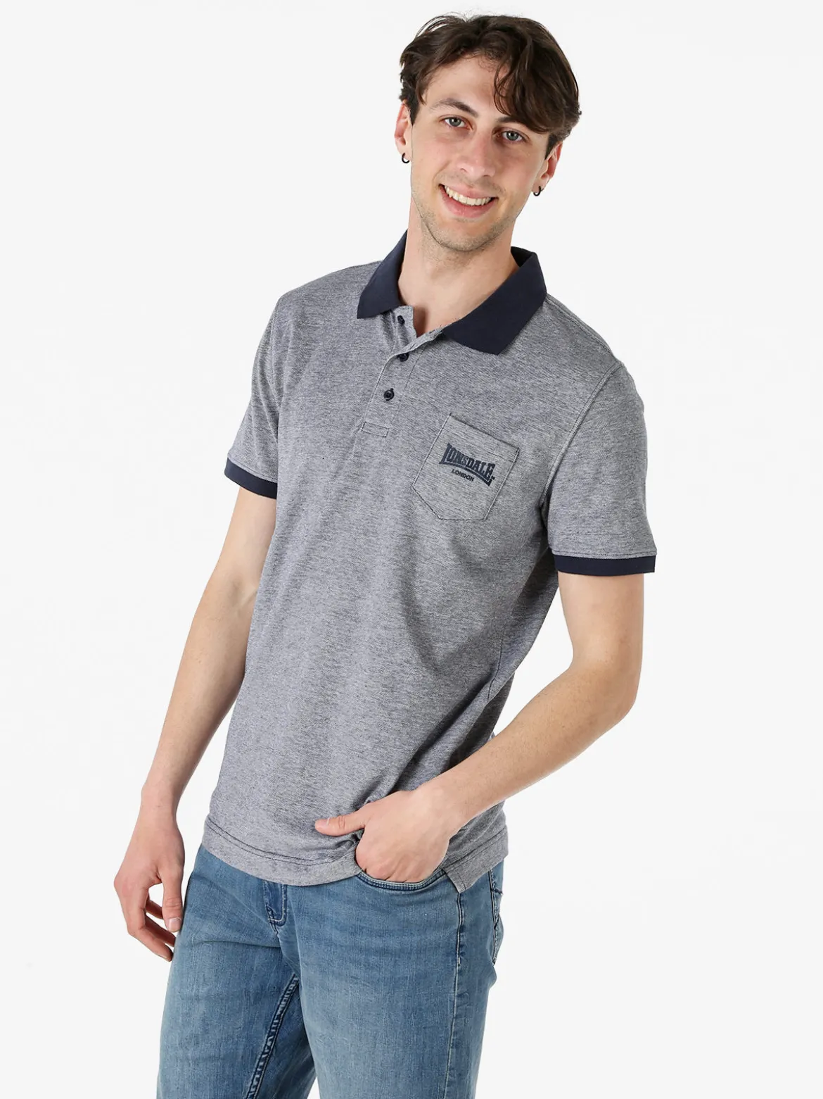 Lonsdale Polo da uomo in cotone a maniche corte con taschino - blu scuro