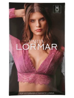 Lormar Party coordinato intimo donna in pizzo con top a maniche lunghe + brasiliana - nero