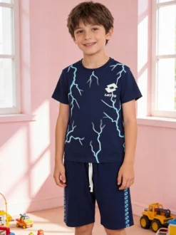 Lotto Completo corto da bambino in cotone con t-shirt e bermuda - blu