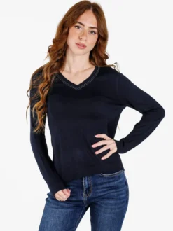Louise Doro Pullover donna in maglia con scollo a V - blu scuro