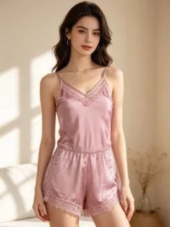 Lovelx Pigiama tuta donna effetto raso con pizzo