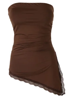 Lovery Top donna asimmetrico con scollo a fascia e bordo finale in pizzo - moro