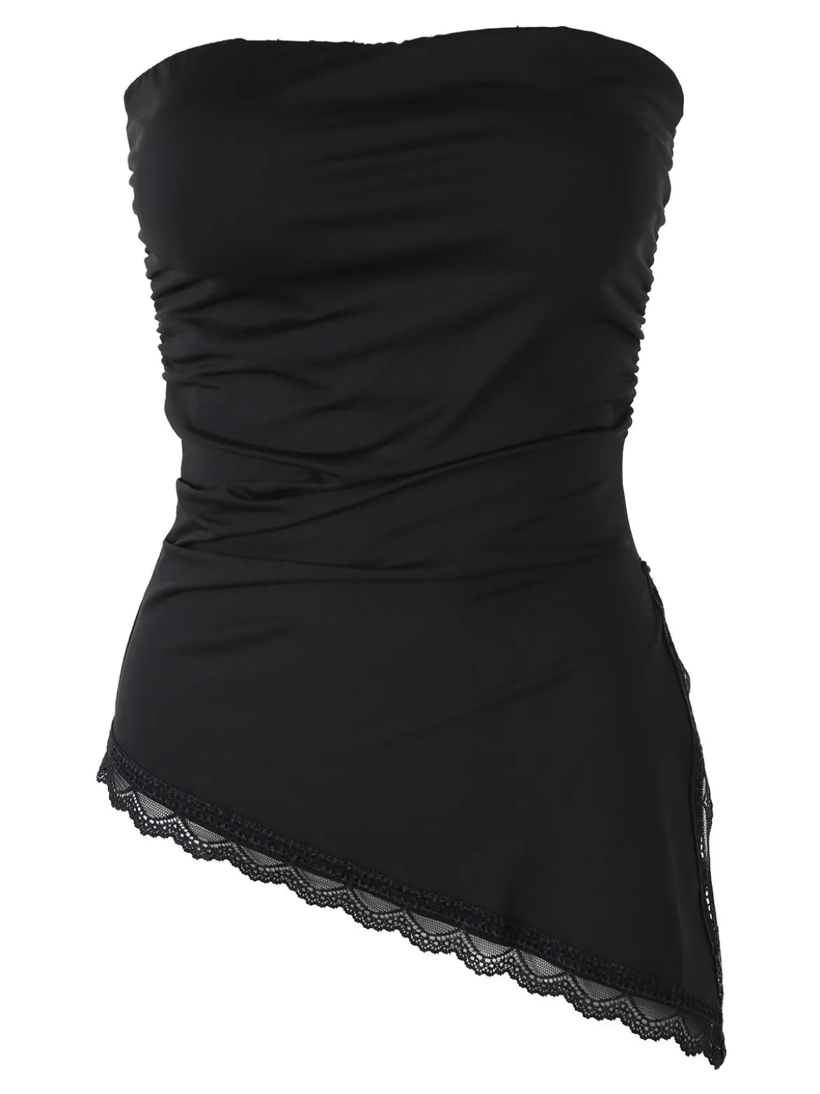 Lovery Top donna asimmetrico con scollo a fascia e bordo finale in pizzo - nero