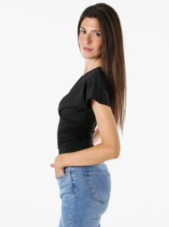 Lovery Top donna con scollo a V davanti e dietro con arricciature laterali - nero