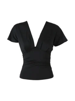 Lovery Top donna con scollo a V davanti e dietro con arricciature laterali - nero