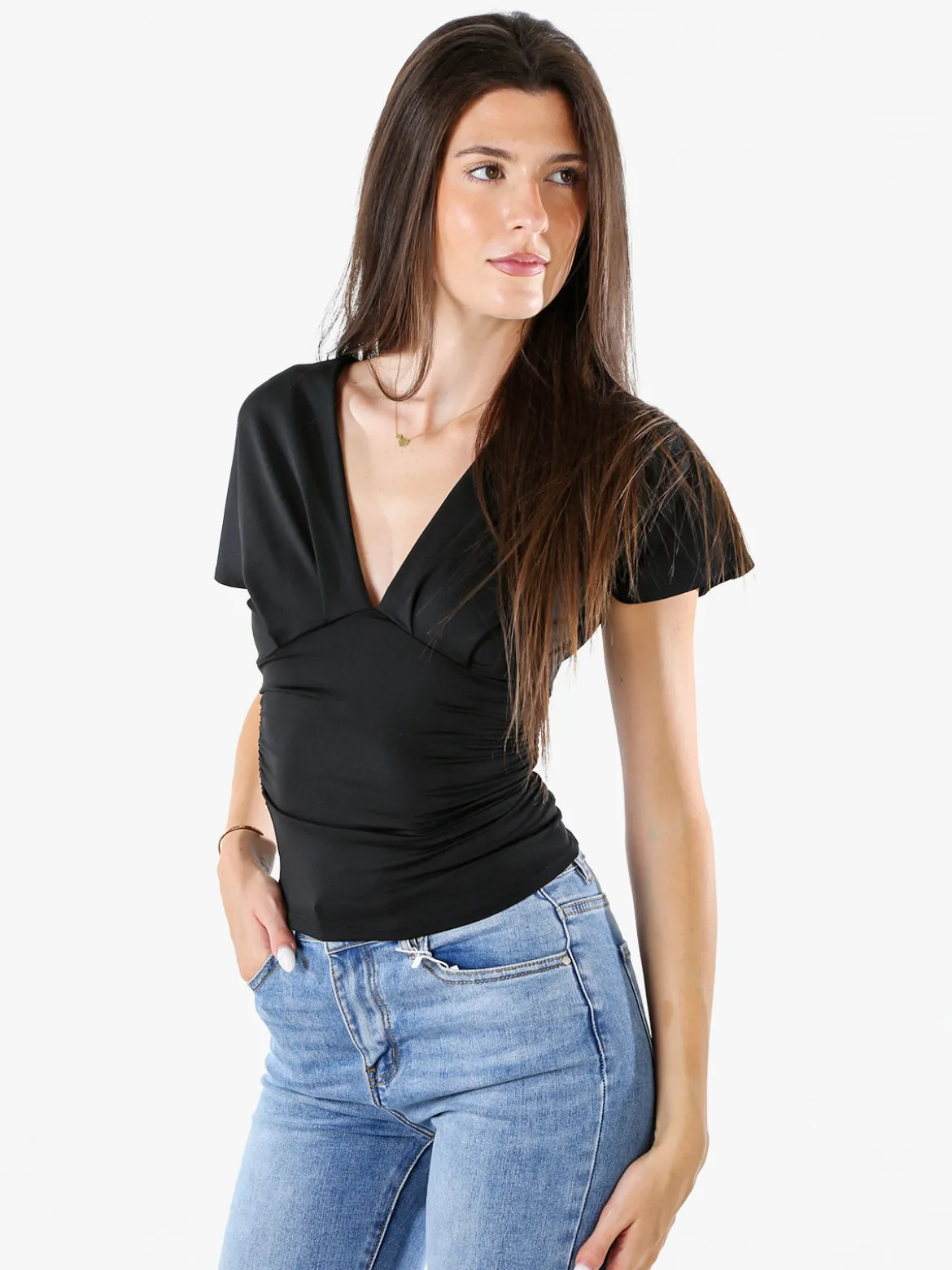 Lovery Top donna con scollo a V davanti e dietro con arricciature laterali - nero