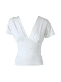 Lovery Top donna con scollo a V davanti e dietro con arricciature laterali - bianco