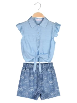Luisa Chic Completo corto da bambina con camicia e shorts effetto jeans