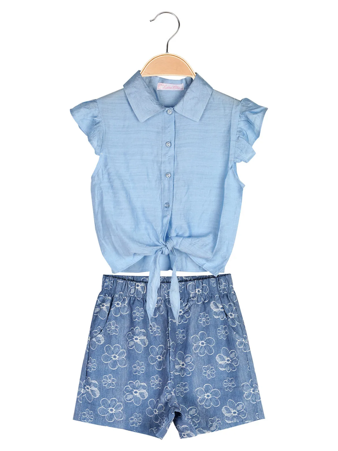 Luisa Chic Completo corto da bambina con camicia e shorts effetto jeans