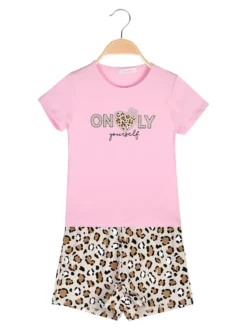 Luisa Chic Completo corto da bambina con t-shirt e shorts maculati
