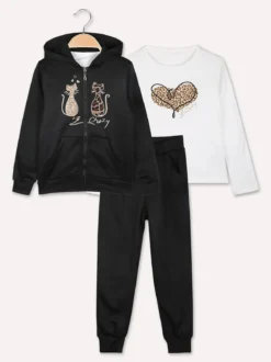 Luisa Chic Completo tuta 3 pezzi da bambina con cappuccio e zip - nero
